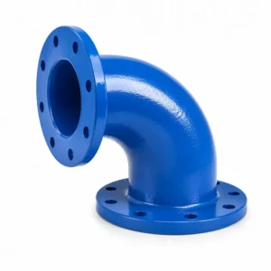 Codo bridado para sistemas de tuberías industriales y redes hidráulicas, fabricado en material de alta resistencia con conexión bridada para unión segura y conducción eficiente de agua y fluidos en aplicaciones industriales, sanitarias y de alta presión.