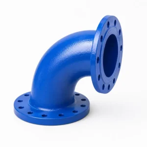 Codo bridado 90° para sistemas de tuberías industriales y redes hidráulicas, fabricado en hierro dúctil de alta resistencia con conexiones bridadas, ideal para cambios de dirección en la conducción de agua, fluidos y aplicaciones de alta presión.