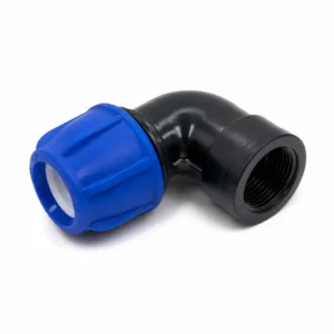 Codo mixto R hembra para tuberías PEAD y sistemas hidráulicos, fabricado en polipropileno de alta resistencia con conexión de compresión y rosca hembra, ideal para redes de agua potable, riego tecnificado e instalaciones industriales que requieren máxima hermeticidad, resistencia a la corrosión y larga vida útil.
