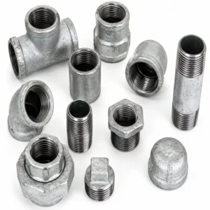Conexiones de fierro galvanizado para sistemas de tuberías industriales y sanitarias, fabricadas con recubrimiento anticorrosivo de alta resistencia, ideales para conducción de agua, aire y fluidos en aplicaciones hidráulicas, agrícolas, comerciales e industriales de larga duración.