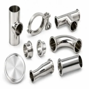 Conexiones sanitarias de acero inoxidable para sistemas de procesamiento industrial, alimentario, farmacéutico y bebidas, fabricadas con acabado pulido de alta calidad para garantizar máxima higiene, resistencia a la corrosión y uniones seguras en líneas de proceso.