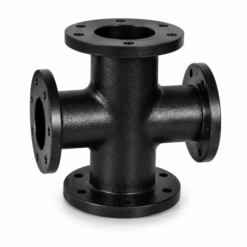 Cruz FoGo para sistemas de tuberías y redes hidráulicas de alta resistencia, fabricada en hierro dúctil con conexiones bridadas, diseñada para distribución eficiente de fluidos en aplicaciones industriales, sanitarias, contra incendio y conducción de agua a presión.