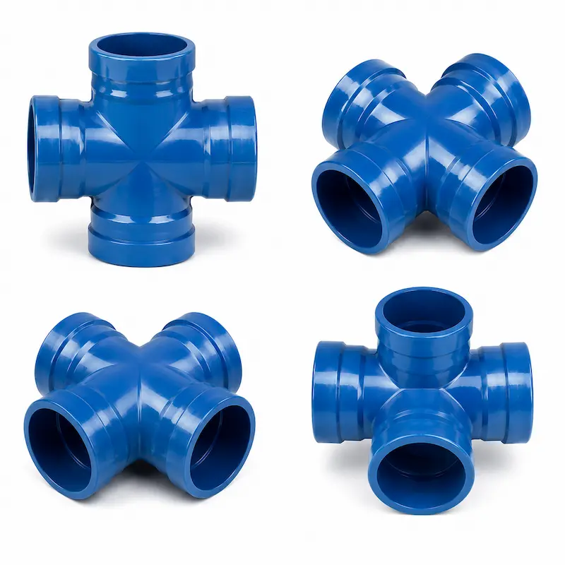 Cruz Luflex ISO 2531 para sistemas de tuberías y conducción de fluidos, fabricada en material termoplástico de alta resistencia, diseñada para conexiones hidráulicas seguras y distribución eficiente de agua en aplicaciones industriales, sanitarias y de construcción.