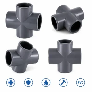 Cruz PVC de 4 vías para sistemas de tuberías hidráulicas y sanitarias, fabricada en material termoplástico de alta resistencia, diseñada para distribución y conducción eficiente de agua en instalaciones industriales, comerciales y de construcción.