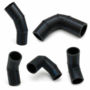 Curva HDPE SDR 7/41 PE100 PE4710 segmentada para sistemas de tuberías industriales y mineras, fabricada en polietileno de alta densidad de gran resistencia química y mecánica, ideal para conducción de agua, fluidos y aplicaciones de alta presión mediante termofusión.