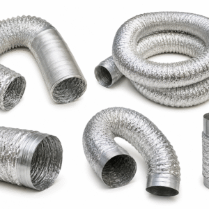 Ducto aluminado flexible para ventilación y extracción de aire, fabricado con estructura corrugada aluminizada de alta flexibilidad y resistencia, ideal para sistemas HVAC, aire acondicionado, ventilación industrial y conducción de gases.
