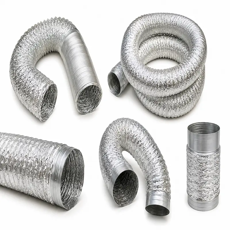Ducto aluminado flexible para ventilación y extracción de aire, fabricado con estructura corrugada aluminizada de alta flexibilidad y resistencia, ideal para sistemas HVAC, aire acondicionado, ventilación industrial y conducción de gases.