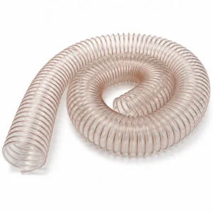 Ducto de poliuretano con espiral de acero cobrizado transparente y flexible, diseñado para transporte de aire, polvo, virutas y materiales abrasivos en aplicaciones industriales, con alta resistencia al desgaste, flexión y vacío.
