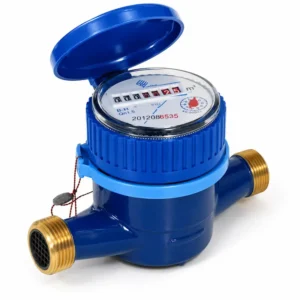 Medidor de agua Elster SC100 chorro único color azul con conexiones roscadas de bronce, diseñado para medición precisa de consumo de agua potable en aplicaciones residenciales, comerciales e industriales.