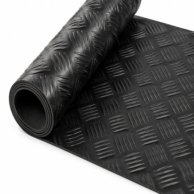 Empaquetadura antideslizante tipo checker de caucho industrial color negro con superficie diamantada de alta tracción, diseñada para mejorar la seguridad y reducir deslizamientos en pisos, rampas y áreas industriales de alto tránsito.