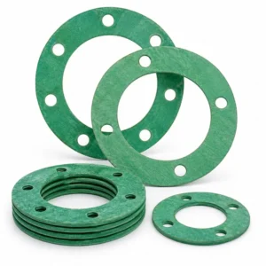 Empaquetadura libre de asbesto HNA ACID color verde para sellado industrial en bridas, resistente a químicos, ácidos y fluidos agresivos, con perforaciones para pernos y acabado técnico de alta precisión.