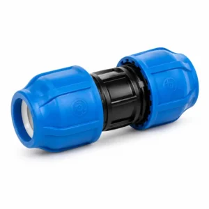 Enlace recto HDPE PE100 de compresión para unión de tuberías de polietileno de alta densidad, ideal para redes de agua potable, riego tecnificado, minería y conducción de fluidos industriales en Perú.