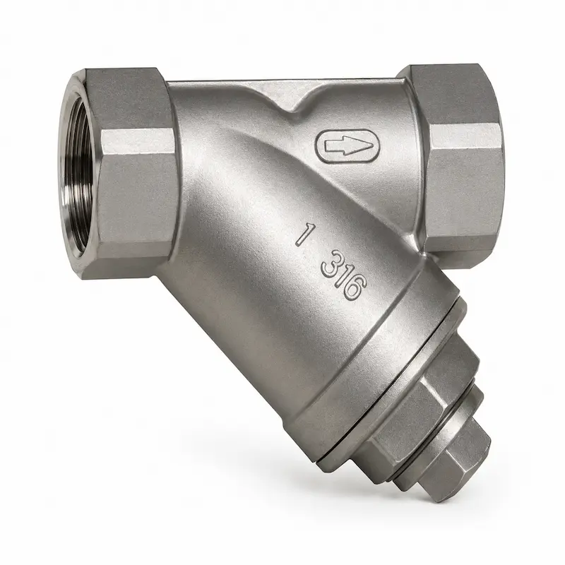 Filtro tipo Y de acero inoxidable para filtración de líquidos, diseñado para retener partículas sólidas y proteger válvulas, bombas y equipos industriales.