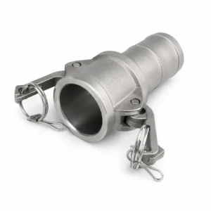 Acople rápido tipo Camlock con espiga para manguera, fabricado en acero inoxidable, diseñado para conexiones seguras en sistemas industriales de transferencia de fluidos