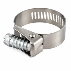 Abrazadera industrial de banda con tornillo sin fin de acero galvanizado, diseñada para ajuste firme y seguro en mangueras y conexiones industriales