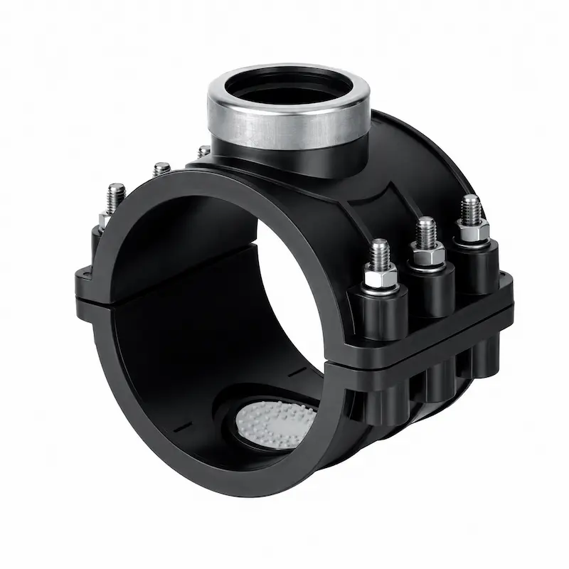 Abrazadera PVC rectangular industrial color negro con salida superior reforzada y pernos metálicos para conexiones en tuberías hidráulicas y sistemas de conducción de agua.