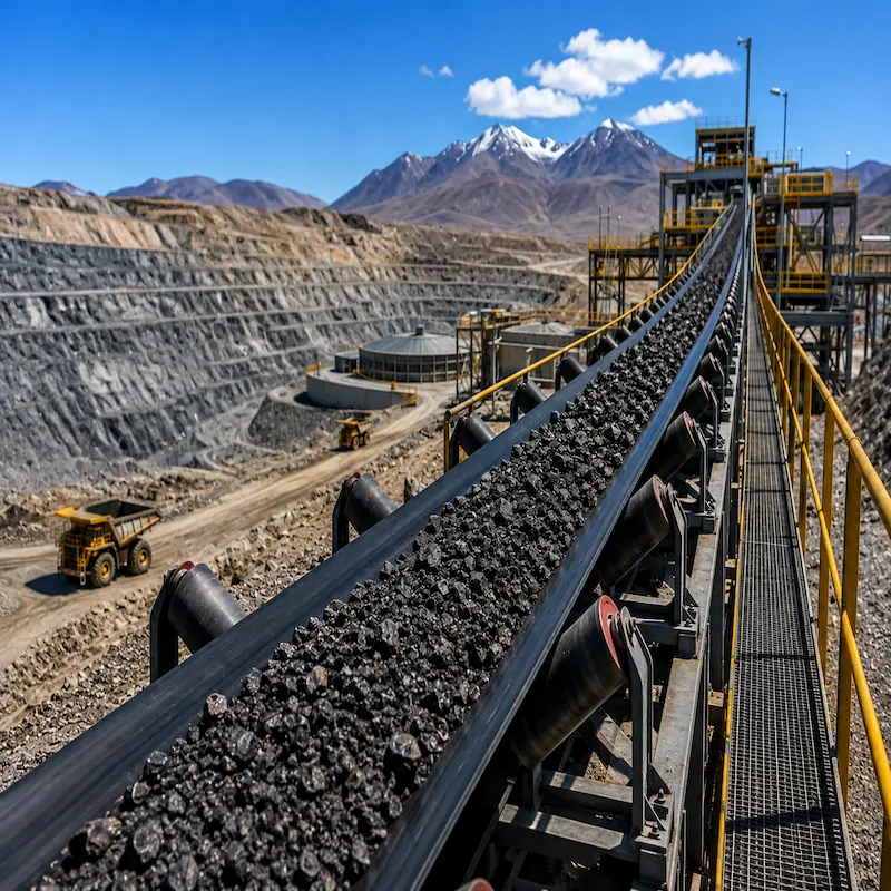 Faja transportadora para minería de alta resistencia utilizada para transporte de minerales, agregados y materiales a granel en operaciones mineras e industriales.