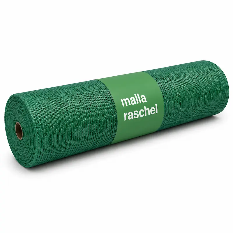 Malla Raschel verde fabricada en polietileno de alta densidad con protección UV, ideal para sombreado agrícola, viveros, invernaderos, construcción y protección solar.