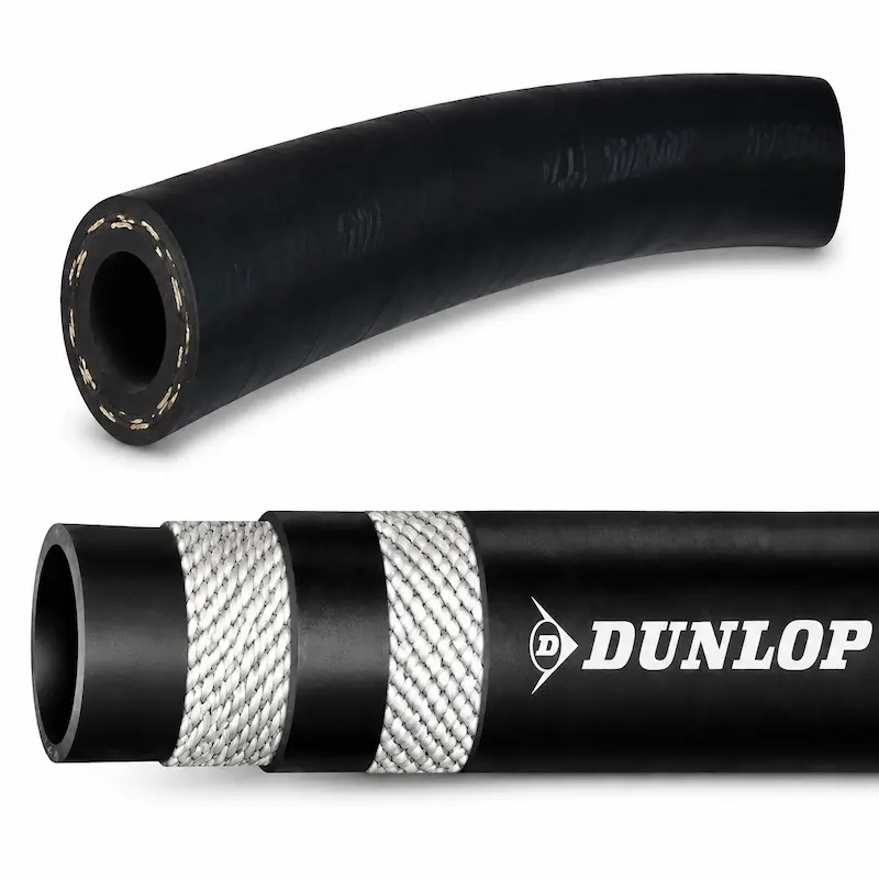 Manguera Dunlop de caucho reforzado para conducción de agua, aire y fluidos industriales, fabricada para aplicaciones exigentes en minería, construcción e industria.