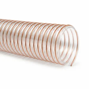 Manguera Hayteck Poliuretano Espiral Blanco reforzada con espiral de acero para transporte de aire, polvo, virutas, granos y materiales abrasivos en aplicaciones industriales.