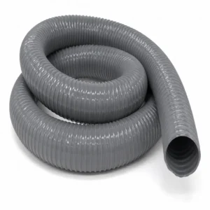 Manguera PVC gris para aspiración de polvo y partículas, ideal para sistemas de extracción industrial, carpintería, ventilación, transporte de materiales livianos y control de residuos.