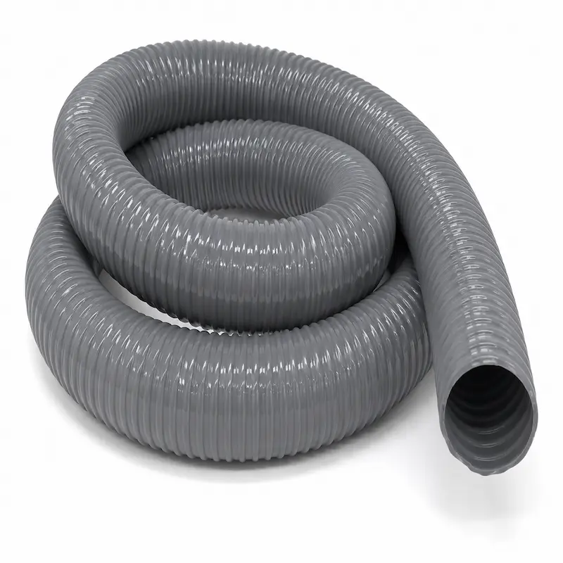Manguera PVC gris para aspiración de polvo y partículas, ideal para sistemas de extracción industrial, carpintería, ventilación, transporte de materiales livianos y control de residuos.