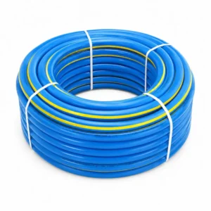 Manguera dúplex azul para conducción de agua y aire fabricada en PVC flexible de alta resistencia para aplicaciones agrícolas, industriales y de construcción.