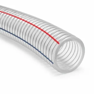 Manguera espiral transparente reforzada con espiral rígida para succión y descarga de líquidos, aire, polvo y materiales livianos en aplicaciones industriales.
