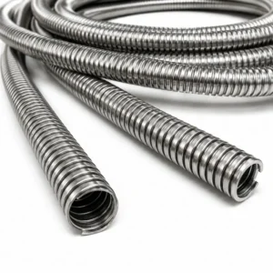 Manguera metálica interlock flexible de acero inoxidable, diseñada para protección mecánica de cables, conducción de gases, extracción de humos y aplicaciones industriales que requieren alta resistencia a la abrasión, temperatura y vibraciones.