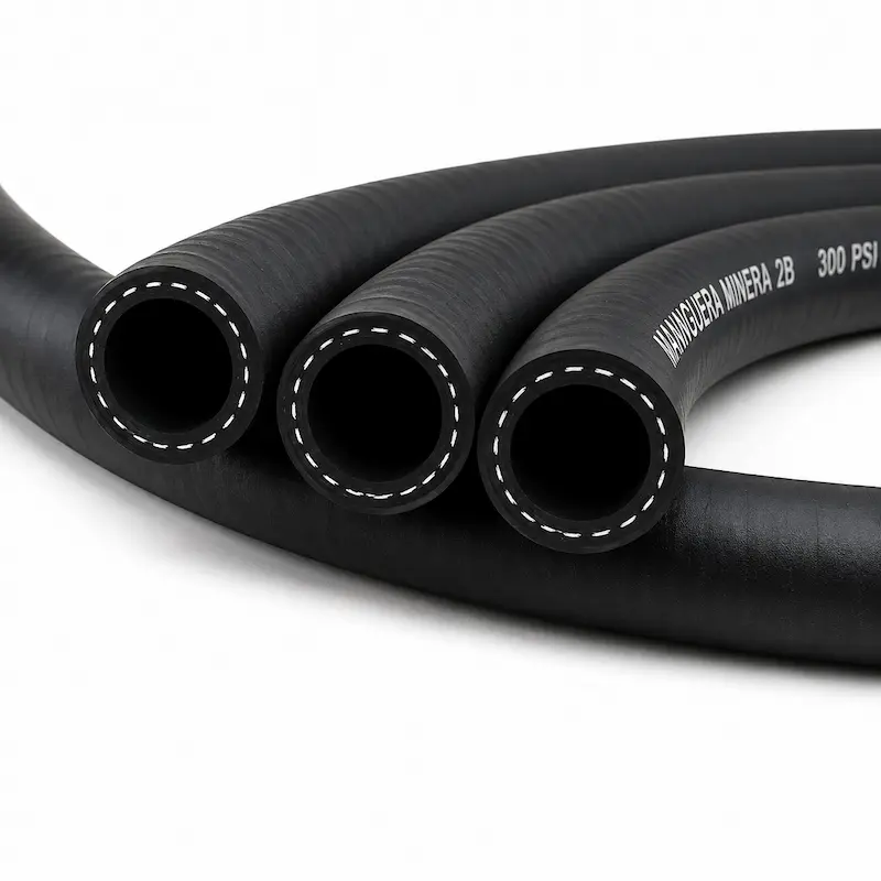 Manguera minera para aire y agua de 300 PSI, fabricada para aplicaciones de trabajo pesado en minería, construcción e industria, con alta resistencia a la abrasión, impactos, intemperie y condiciones exigentes de operación.