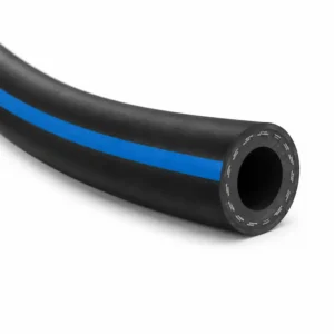 Manguera para aire y agua 300 PSI con franja azul, diseñada para conducción de aire comprimido y agua en minería, construcción e industria, ofreciendo alta flexibilidad, resistencia a la abrasión y excelente desempeño en trabajos pesados.