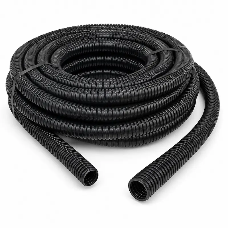 Manguera pasacable corrugada cerrada de PVC, ideal para protección y conducción de cables eléctricos, telecomunicaciones y sistemas industriales en instalaciones interiores y exteriores.