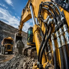 Mangueras hidráulicas de alta presión instaladas en excavadora minera con conexiones hidráulicas de acero para aplicaciones industriales y maquinaria pesada.