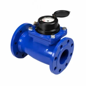 Medidor Woltman bridado para agua de gran caudal con cuerpo de hierro fundido azul y conexiones bridadas, diseñado para redes de distribución, plantas industriales y sistemas de abastecimiento de agua potable.