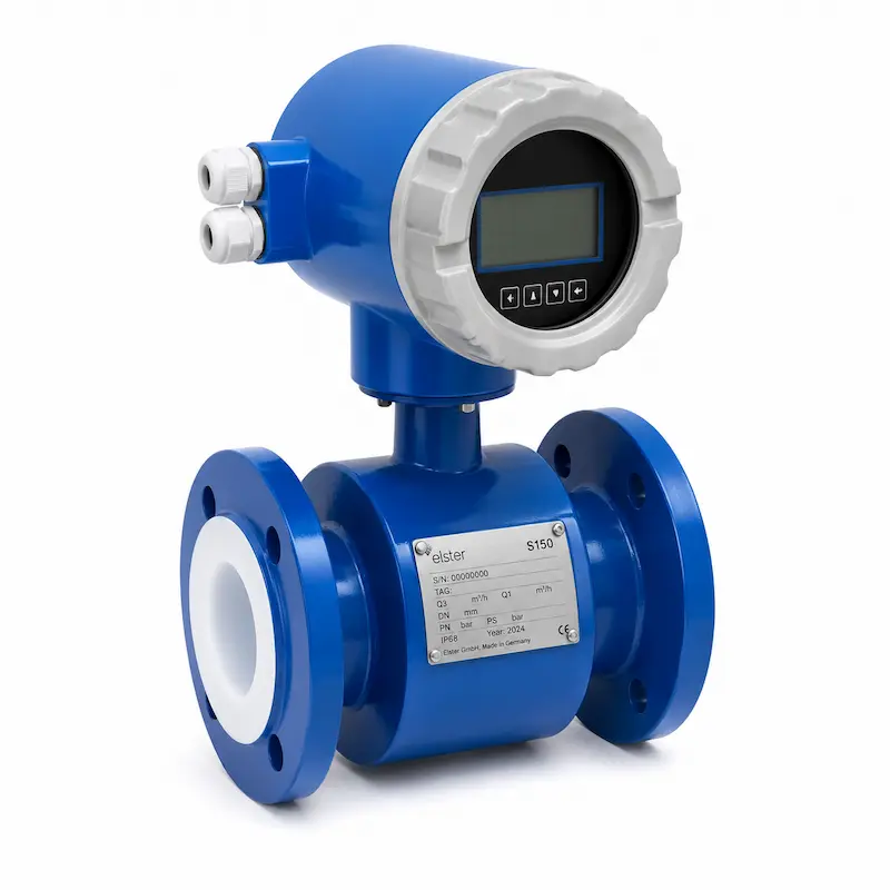 Medidor electromagnético de caudal con conexiones bridadas y pantalla digital, diseñado para la medición precisa de agua y líquidos conductivos en aplicaciones industriales, plantas de tratamiento, redes hidráulicas y sistemas de distribución de alta eficiencia.