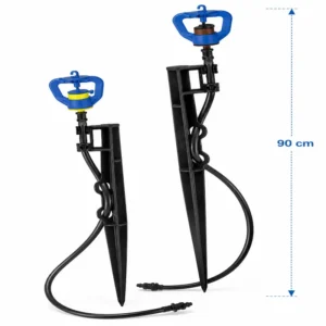 Micro aspersor de larga y corta distancia para sistemas de riego agrícola, diseñado para proporcionar una distribución uniforme del agua en cultivos, viveros, jardines e invernaderos, con instalación sobre estaca y excelente eficiencia hidráulica.