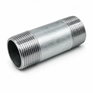 Niple de FoGo (fierro galvanizado) con rosca macho en ambos extremos, fabricado en acero galvanizado de alta resistencia para conexiones de tuberías en sistemas hidráulicos, redes de agua, aire comprimido, instalaciones industriales, agrícolas y de construcción.