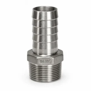 Niple espiga con hexágono para manguera fabricado en acero inoxidable, con conexión roscada macho y espiga para fijación segura de mangueras industriales, hidráulicas, alimentarias y sistemas de conducción de fluidos.