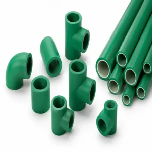Accesorios y tuberías de polipropileno PP de color verde para instalaciones de agua potable y sistemas hidráulicos, incluyendo codos, tees y coplas de alta resistencia sobre fondo blanco.