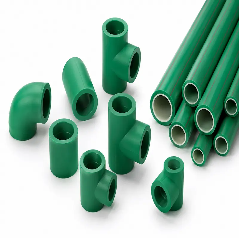 Accesorios y tuberías de polipropileno PP de color verde para instalaciones de agua potable y sistemas hidráulicos, incluyendo codos, tees y coplas de alta resistencia sobre fondo blanco.