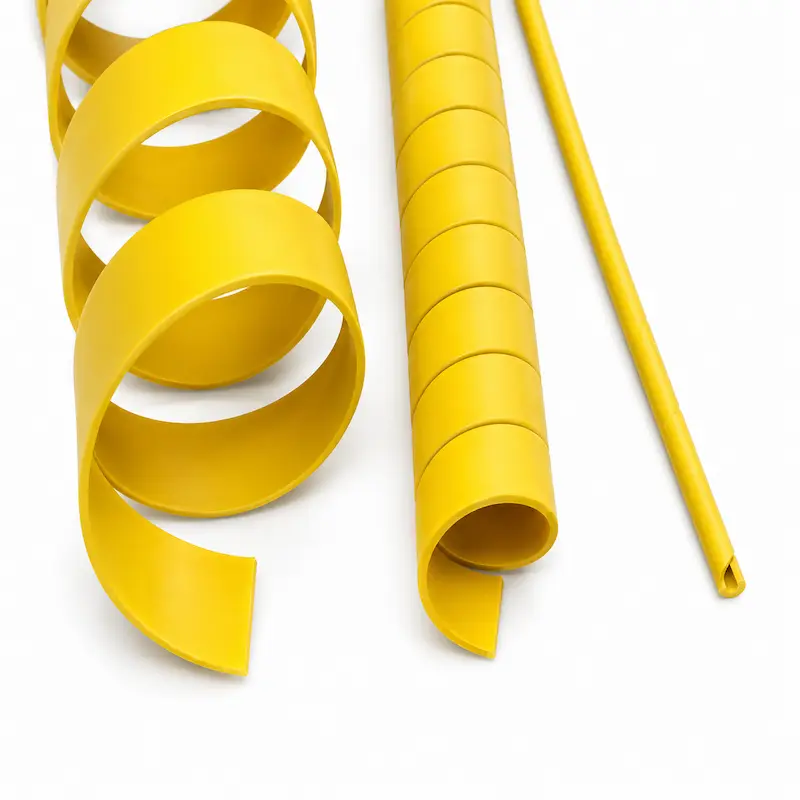Protector de manguera en espiral de polietileno amarillo para proteger mangueras hidráulicas, cables y tuberías contra abrasión, impactos, desgaste y aplastamiento en aplicaciones industriales y mineras.