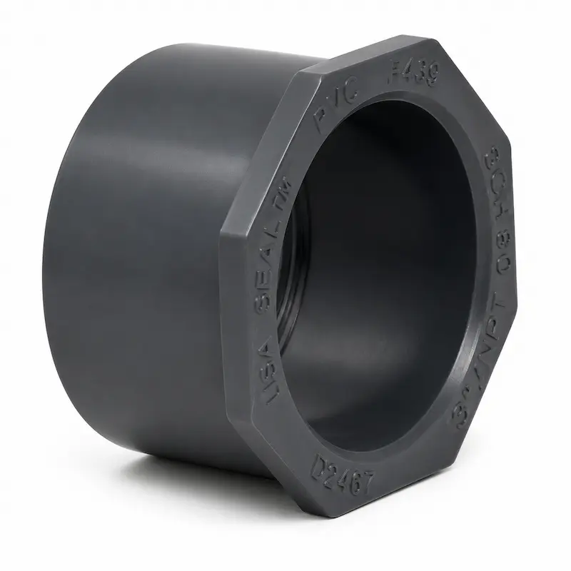 Reducción Bushing CPVC SCH80 de embone (socket) para sistemas de tuberías industriales, fabricada en CPVC de alta resistencia química y térmica, ideal para conducción de agua, procesos químicos y aplicaciones de alta presión.