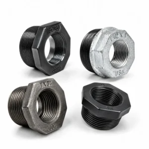 Reducción Bushing FoGo roscada de hierro galvanizado para reducir diámetros en conexiones de tuberías, ideal para sistemas hidráulicos, redes de agua, instalaciones industriales, gas y aplicaciones de alta resistencia mecánica.