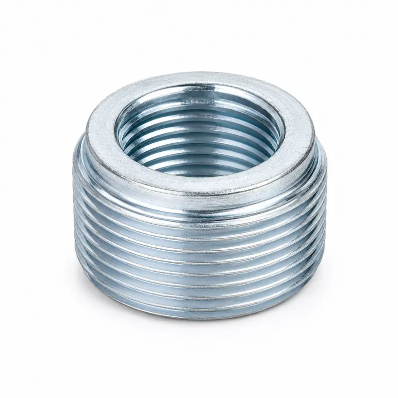 Reducción Bushing roscada de acero galvanizado para adaptar conexiones de diferentes diámetros en sistemas hidráulicos, neumáticos e industriales, con rosca macho y hembra de alta precisión y resistencia a la corrosión.