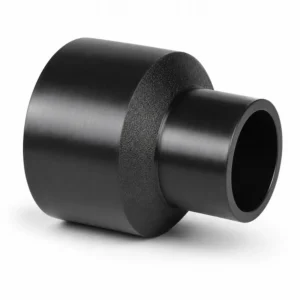 Reducción para termofusión HDPE PE100 de color negro, diseñada para unir tuberías de diferentes diámetros mediante soldadura por termofusión, ideal para redes de agua potable, minería, gas, riego e instalaciones industriales de alta presión.