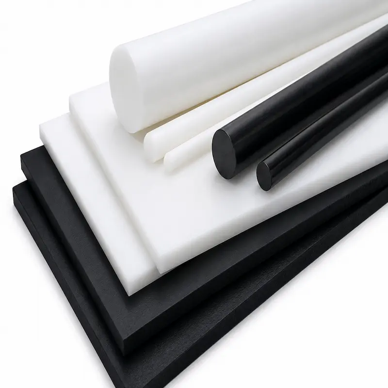 Resina acetal (POM) en placas y barras industriales de color blanco y negro, material de ingeniería de alta precisión utilizado para fabricar engranajes, bujes, guías, piezas mecanizadas y componentes con excelente resistencia al desgaste, baja fricción y alta estabilidad dimensional