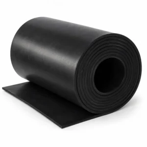 Lámina de caucho industrial negro enrollada de alta resistencia, ideal para aplicaciones de sellado, revestimiento, aislamiento, protección contra abrasión y fabricación de juntas en minería, construcción e industria.