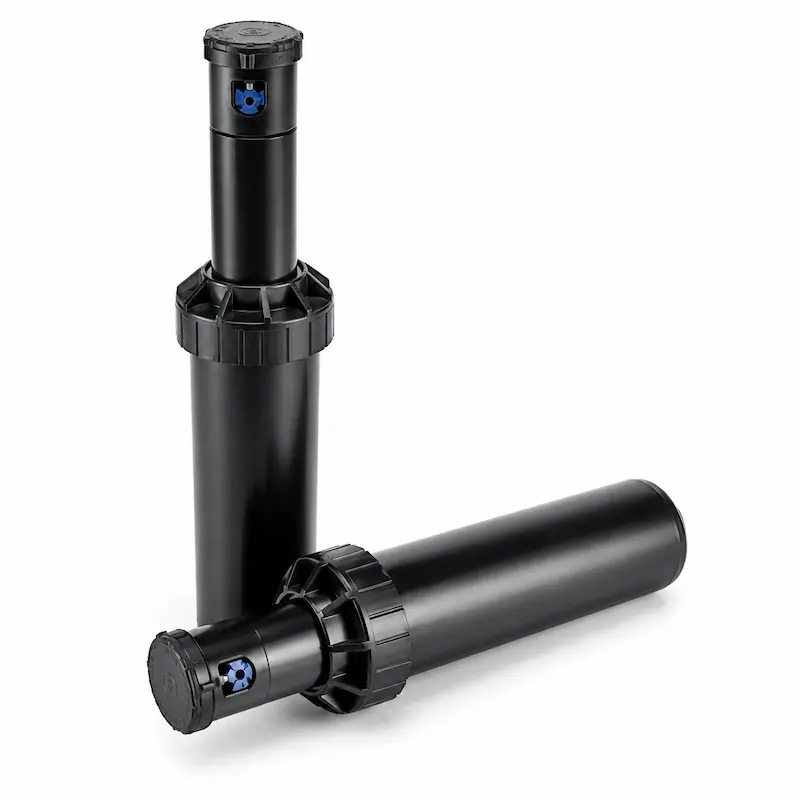 Rotor de riego emergente de alto rendimiento para sistemas de irrigación agrícola y paisajismo, diseñado para proporcionar una distribución uniforme del agua en jardines, parques, áreas verdes, campos deportivos y cultivos con alta eficiencia y ahorro hídrico.