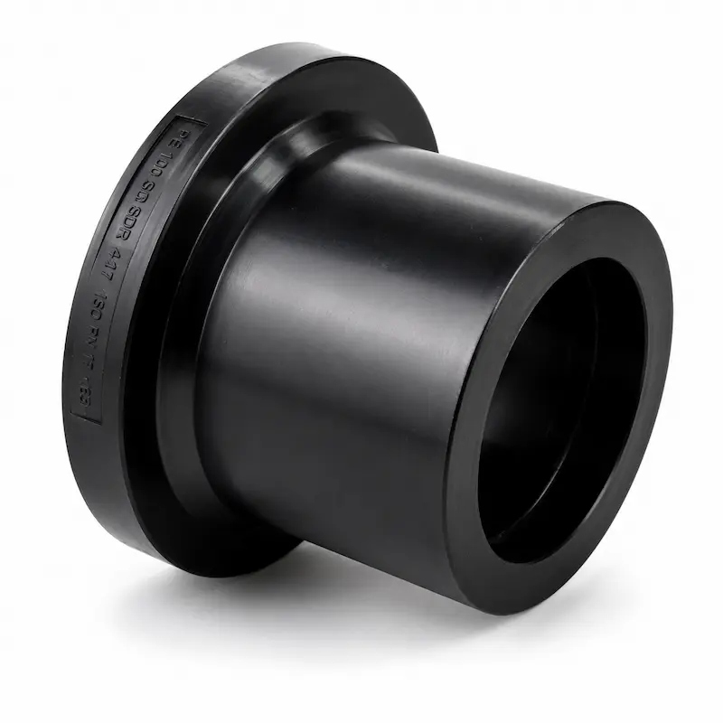 Stub End para termofusión HDPE PE100 de alta resistencia, accesorio utilizado para conexiones bridadas en sistemas de tuberías de agua potable, minería, gas, riego e instalaciones industriales, compatible con procesos de soldadura por termofusión.