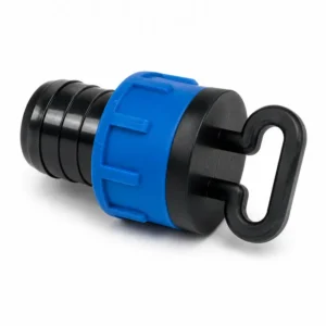 Tapón de cinta para tubería de riego fabricado en polipropileno de alta resistencia, diseñado para sellar líneas de cintilla y tuberías agrícolas, evitando fugas y garantizando un cierre seguro en sistemas de irrigación por goteo.